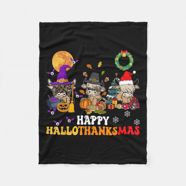 Hallothanksmas Highland Cow Halloween Christmas Th Fleece Blanket (Front)
