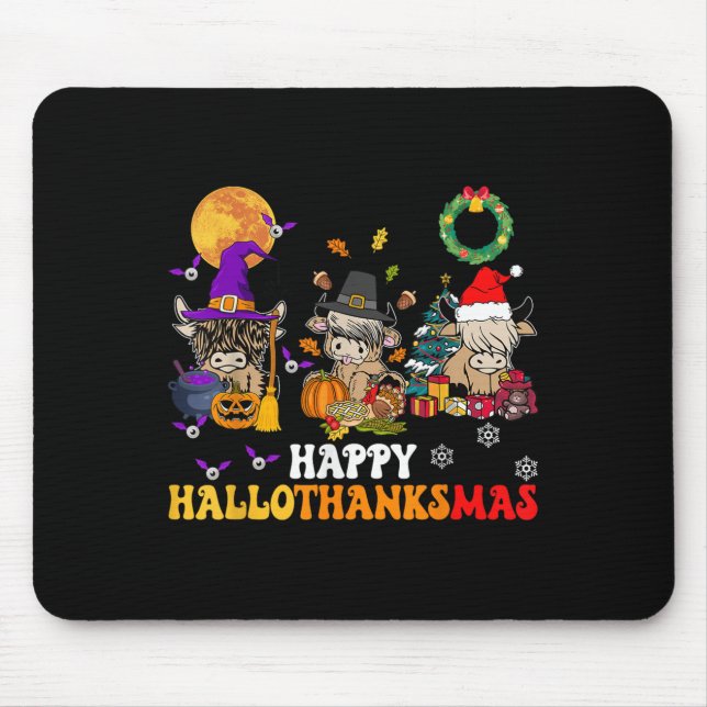 Hallothanksmas Highland Cow Halloween Christmas Th Mouse Mat (Front)