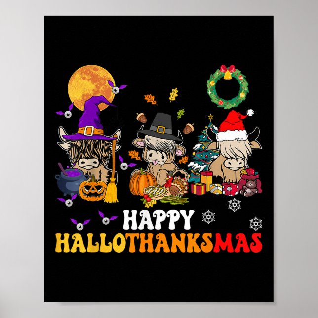 Hallothanksmas Highland Cow Halloween Christmas Th Poster (Front)