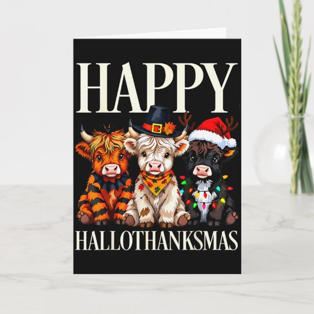 Hallothanksmas Highland Cow Halloween Thanksgiving Card (Front)