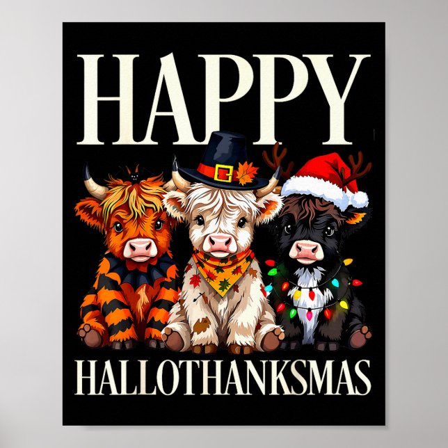 Hallothanksmas Highland Cow Halloween Thanksgiving Poster (Front)