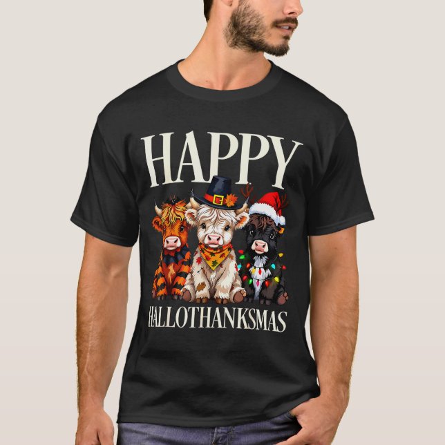Hallothanksmas Highland Cow Halloween Thanksgiving T-Shirt (Front)