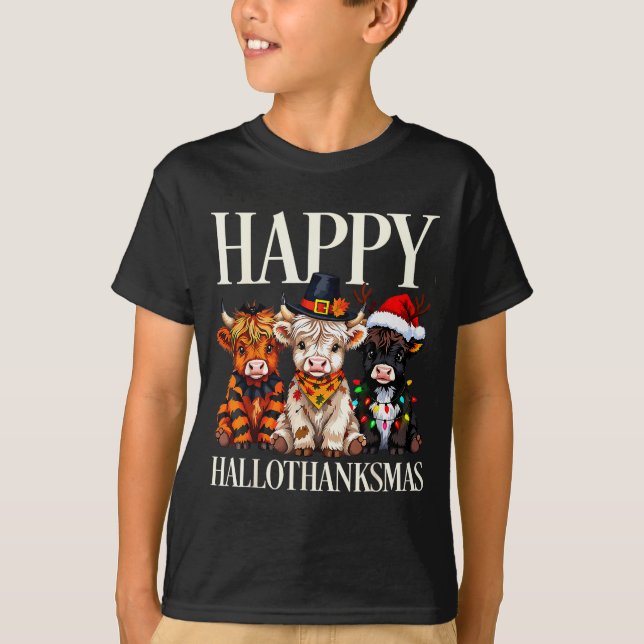 Hallothanksmas Highland Cow Halloween Thanksgiving T-Shirt (Front)