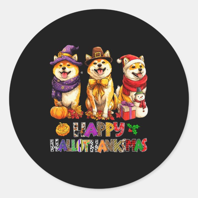 Hallothanksmas Shiba Dogs Halloween Christmas Pump Classic Round Sticker (Front)