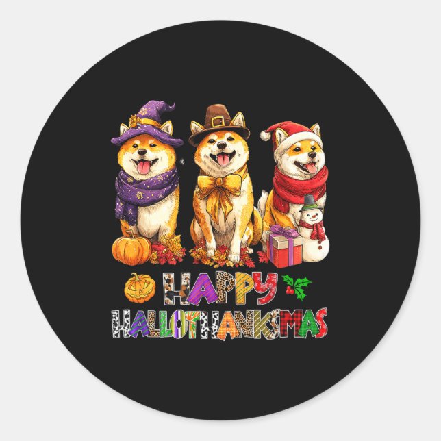 Hallothanksmas Shiba Dogs Halloween Christmas Pump Classic Round Sticker (Front)