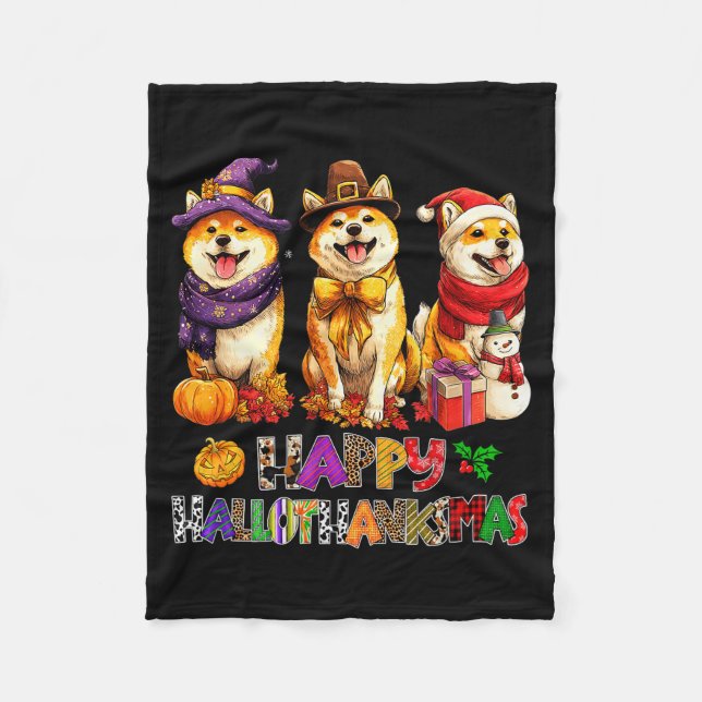 Hallothanksmas Shiba Dogs Halloween Christmas Pump Fleece Blanket (Front)