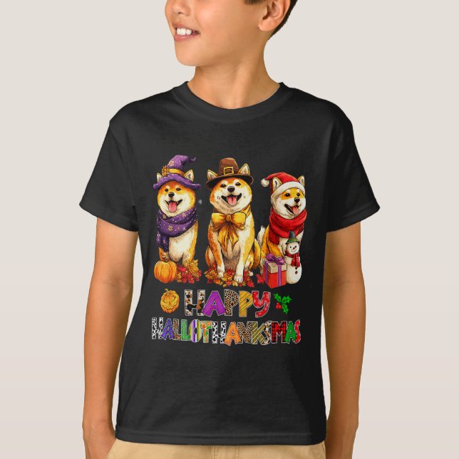 Hallothanksmas Shiba Dogs Halloween Christmas Pump T-Shirt (Front)