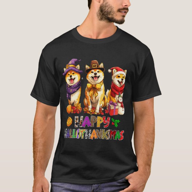 Hallothanksmas Shiba Dogs Halloween Christmas Pump T-Shirt (Front)