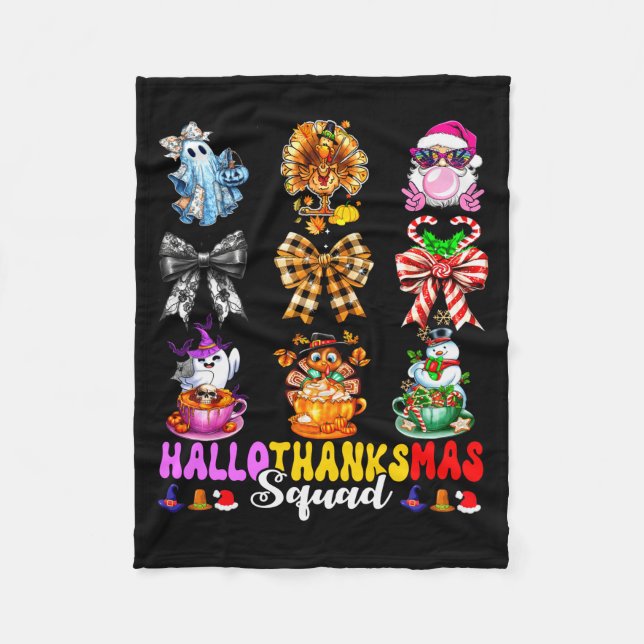 Hallothanksmas Squad Funny Halloween Thanksgiving  Fleece Blanket (Front)