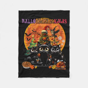 Hallothanksxmas Black Cat Halloween Thanksgiving Fleece Blanket
