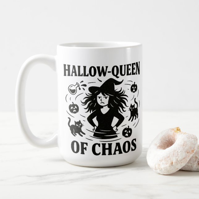 Hallow‑Queen of Chaos – Halloween Coffee Mug (With Donut)