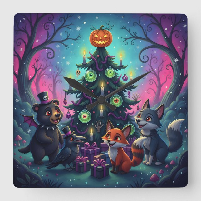 Hallow Xmas Tree Scene Square Wall Clock (Front)