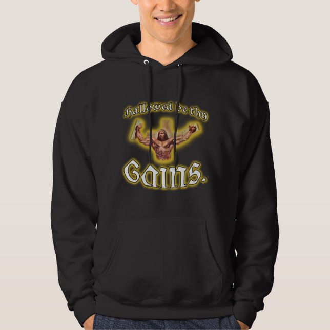 "Hallowed be thy Gains" Muscle Jesus Black Hoodie (Front)