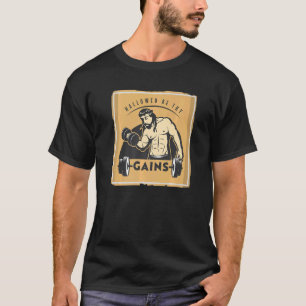 Hallowed Be Thy Gains Muscle Jesus Weight Lifting T-Shirt