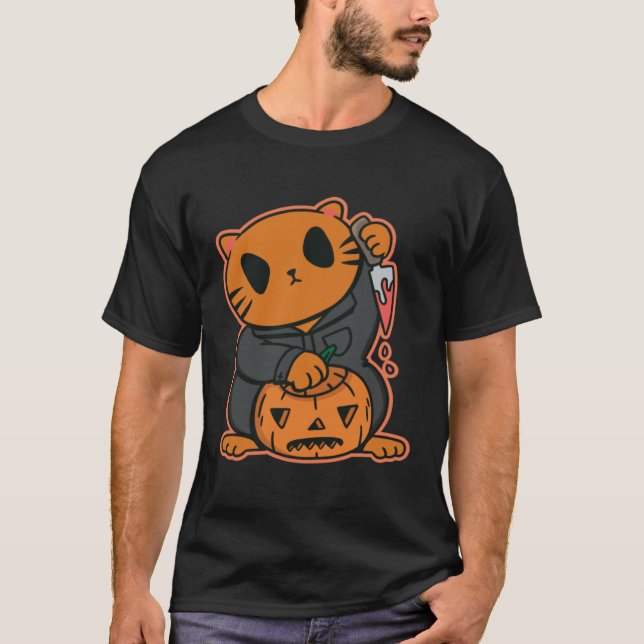 halloweeen cat pumkin knife T-Shirt (Front)