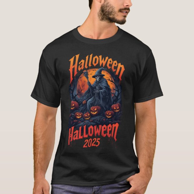 Halloween2025 wizard standing among jack-o'-lanten T-Shirt (Front)