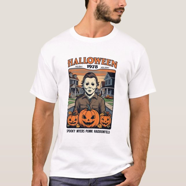 Halloween 1978 Holiday Spooky Myers Pumpkin Haddon T-Shirt (Front)