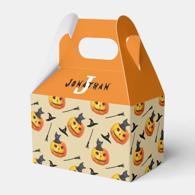 Halloween 1st Birthday Cute Black Cat Monogram Favour Box (Front Side)