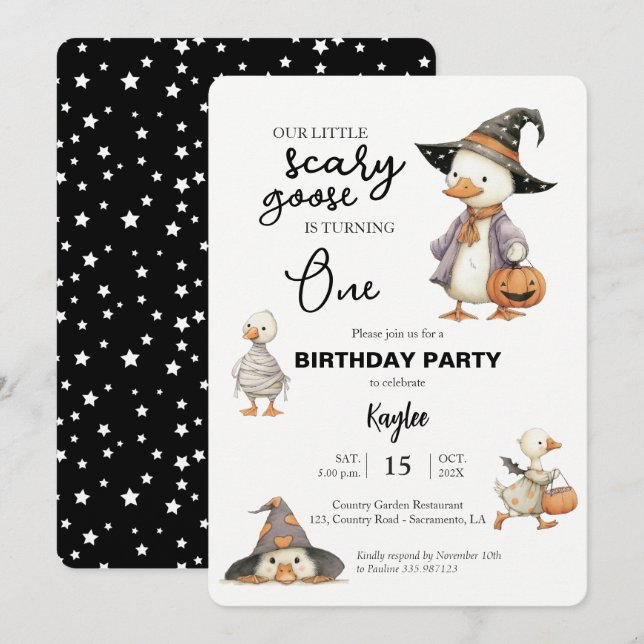 Halloween 1st Birthday goose witch invitation (Front/Back)