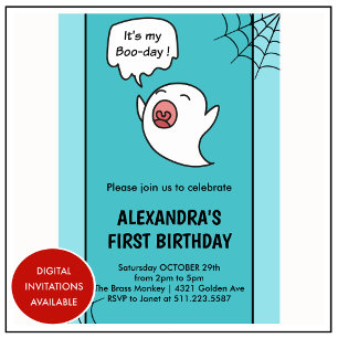 Halloween 1st birthday invitation spider web ghost