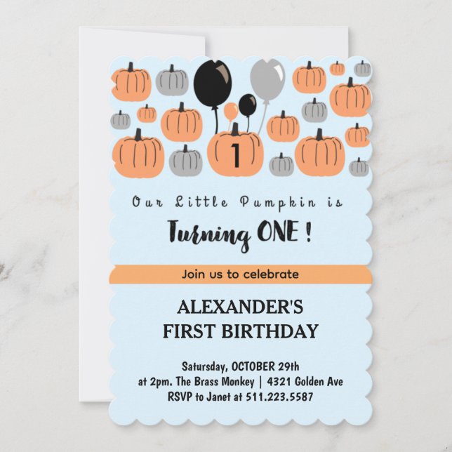 Halloween 1st birthday Invitations October Pumpkin (Front)
