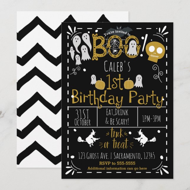 Halloween 1ST Birthday Party Modern Whimsical Invitation (Front/Back)