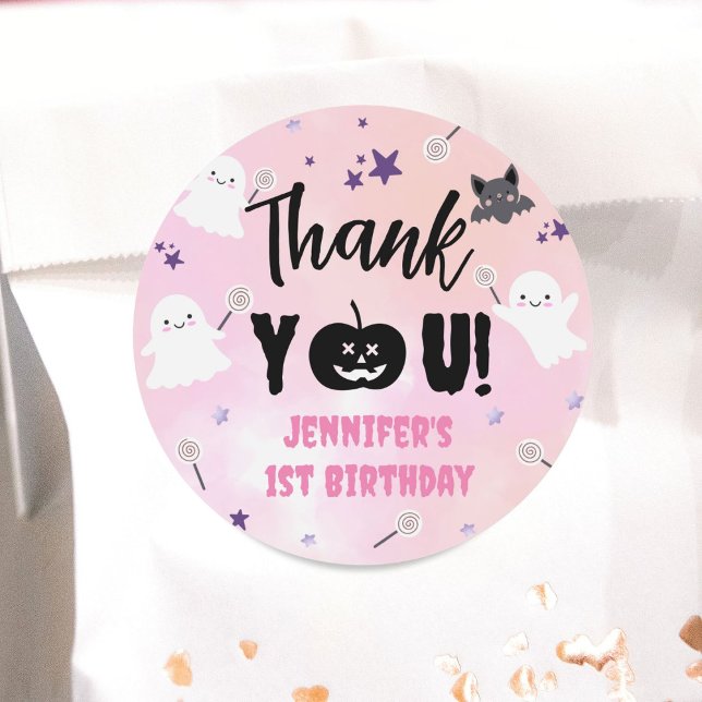 Halloween 1st Birthday Party Pink Girl Cute Spooky Classic Round Sticker (Creator Uploaded)