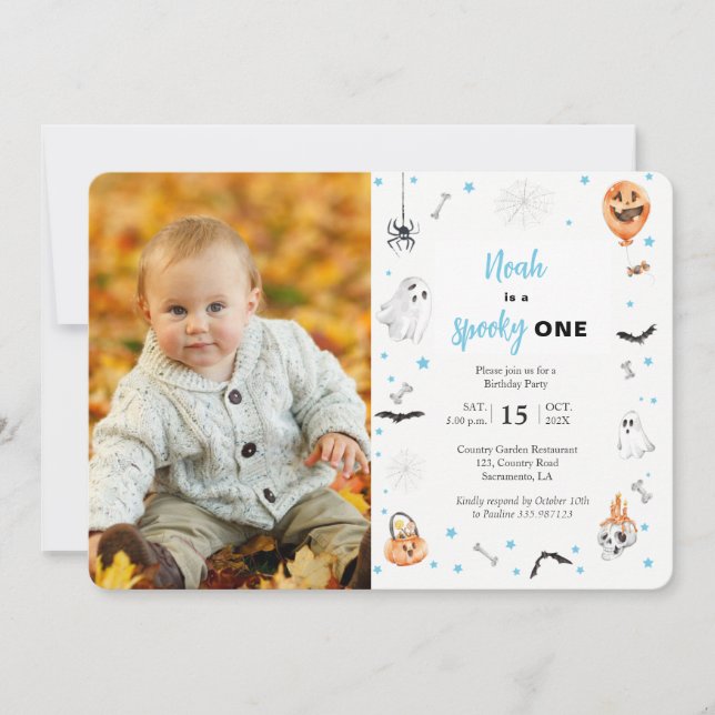 Halloween 1st birthday spooky one boy photo invitation (Front)