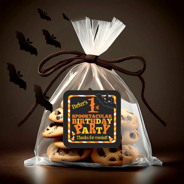 Halloween 1st Spooktacular Birthday Party Square Sticker (Cute Halloween 1st Spooktacular Birthday Party Square Favor Sticker)