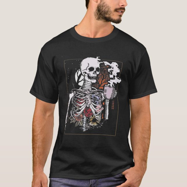 Halloween 2022 Coffee Drinking Skeleton Skull Vint T-Shirt (Front)