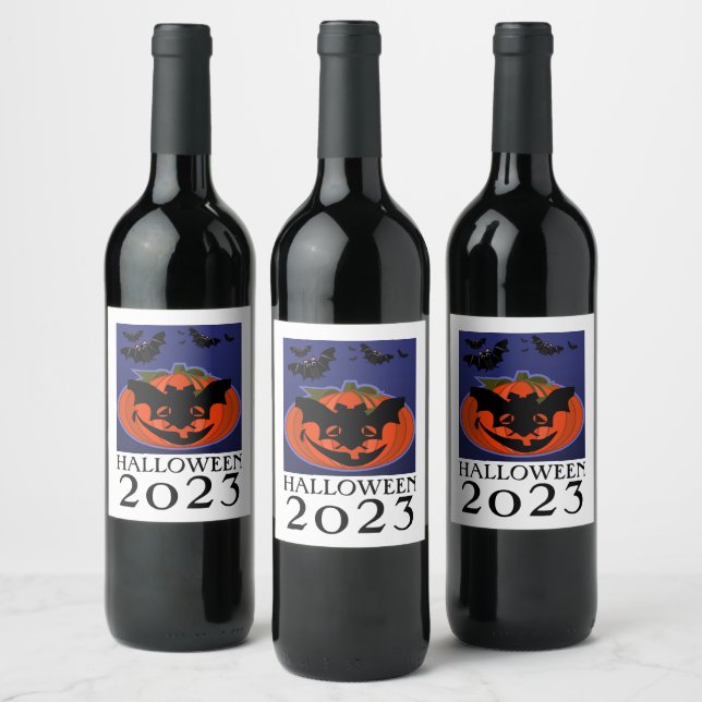 Halloween 2023 Pumpkin Wearing Mask Wine Label (Bottles)