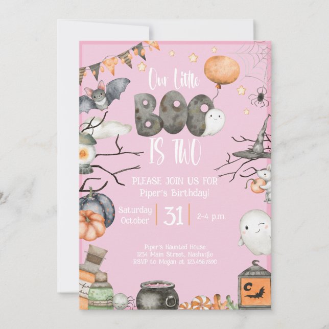 Halloween 2nd Birthday Our Little Boo is Two Pink Invitation (Front)