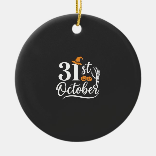Halloween 31st October Pumpkin Witch Hat Design_1 Ceramic Tree Decoration (Front)