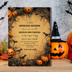 Halloween 40th Birthday Pumpkin Vintage Spooky bat Invitation