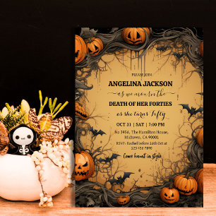 Halloween 50th Birthday Pumpkin Vintage Spooky bat Invitation