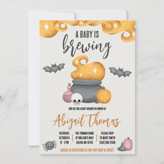 Halloween A Baby is Brewing Baby Shower Invitation (Front)