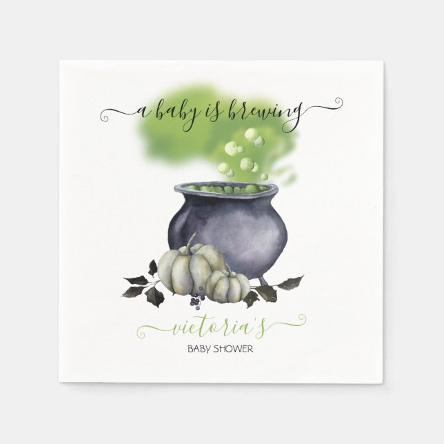 Halloween A Baby is Brewing Cauldron Baby Shower Napkin (Front)