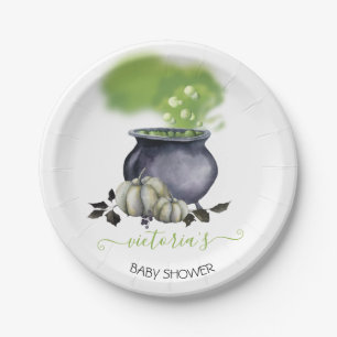 Halloween A Baby is Brewing Cauldron Baby Shower Paper Plate