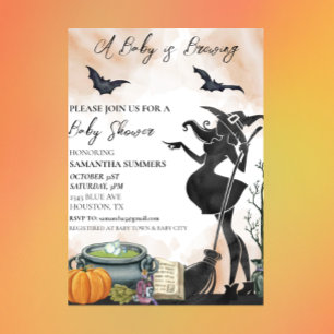 Halloween A Baby Is Brewing Witch Watercolor Invitation