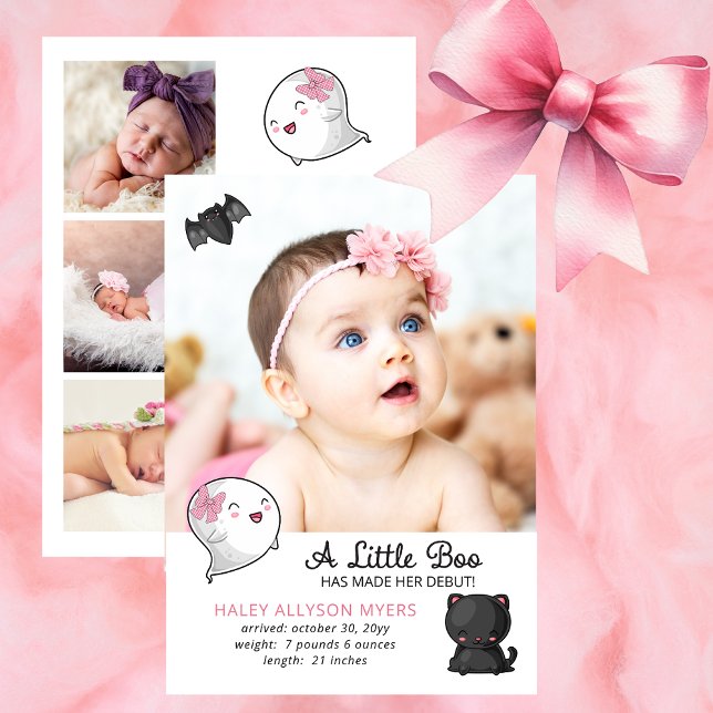 Halloween A Little Boo Ghost - Baby Girl Birth (Cute Halloween A Little Boo Has Made Her Debut Girl Birth Announcement With Kawaii Cat, Bat, Ghost)