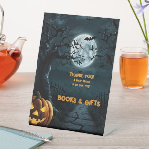 Halloween A Little Spook Pumpkin Baby Shower Pedestal Sign