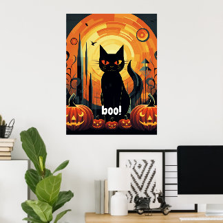 Halloween Abstract Black Cat and Pumpkin Design Poster