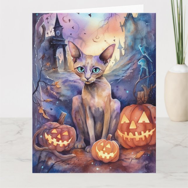 Halloween Abyssinian Cat With Pumpkin Scary Card (Front)