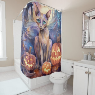 Halloween Abyssinian Cat With Pumpkin Scary Shower Curtain