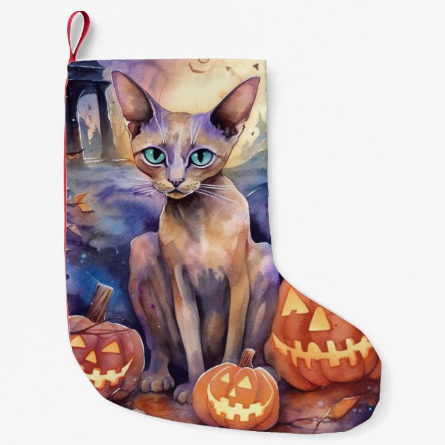 Halloween Abyssinian Cat With Pumpkin Scary Small Christmas Stocking (Front)