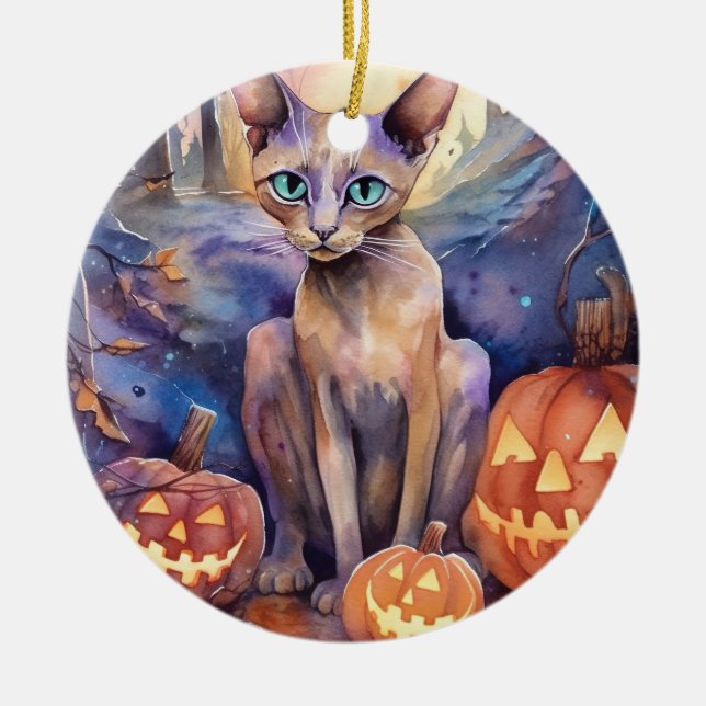 Halloween Abyssinian Cat With Pumpkins Scary Ceramic Tree Decoration (Front)