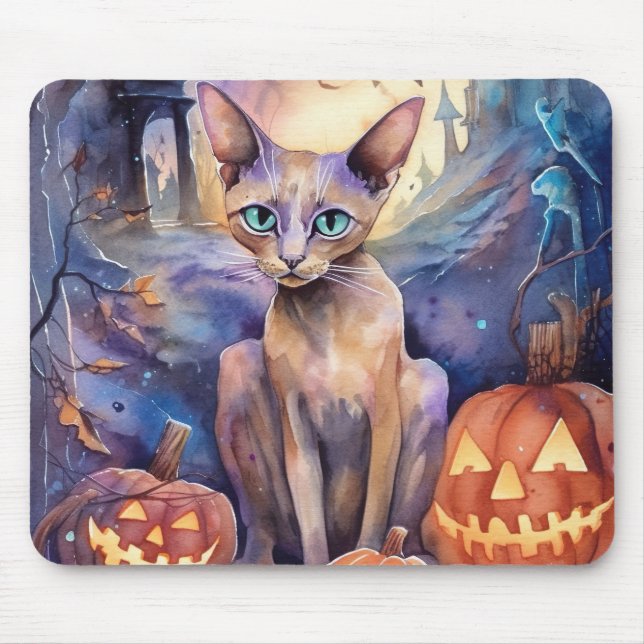 Halloween Abyssinian Cat With Pumpkins Scary Mouse Mat (Front)