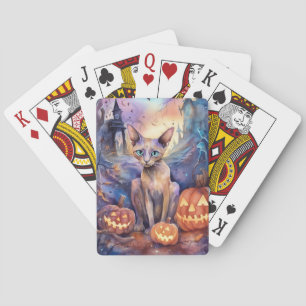 Halloween Abyssinian Cat With Pumpkins Scary Playing Cards