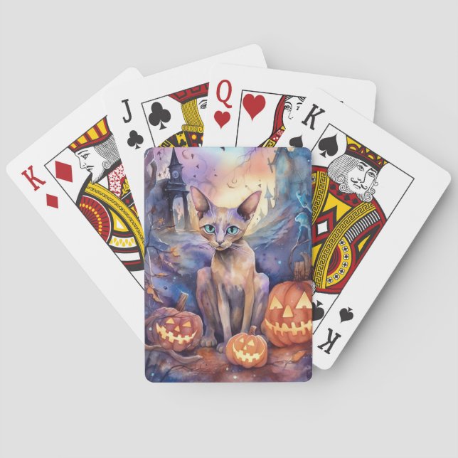 Halloween Abyssinian Cat With Pumpkins Scary Playing Cards (Back)