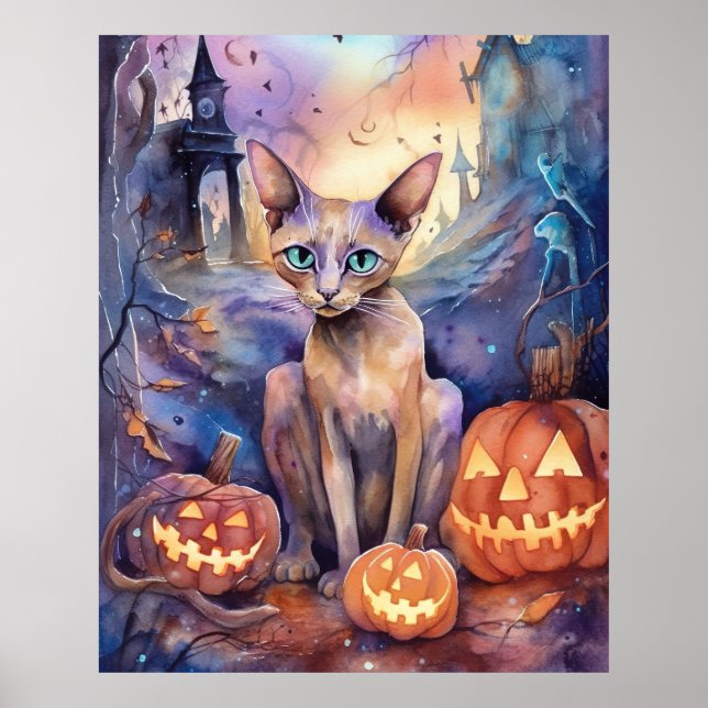 Halloween Abyssinian Cat With Pumpkins Scary Poster (Front)